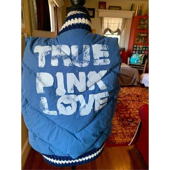 Victoria’s Secret Pink Vest Jacket Puffer Blue Logo Snowboard Down Feather - Picture 3 of 7